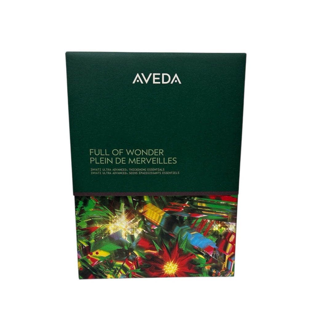 Aveda Full of Wonder green gift box with logo and colorful festive bottom