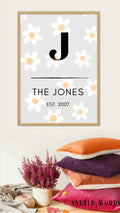 Family Name Sign / Personalized Printed Wood Monogram Family Name Sign With Established Date / Floral Modern Name Sign / Daisy Sign