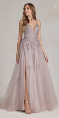 Mauve A-line tulle gown with lace appliques, spaghetti straps, front slit