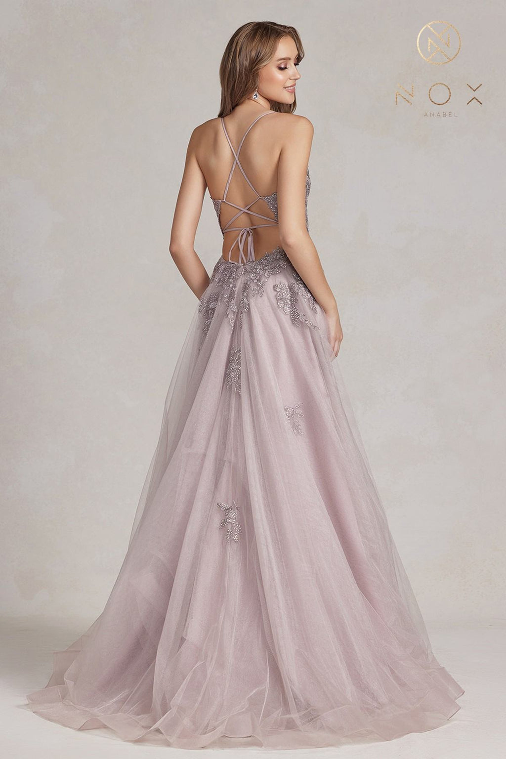 Mauve A-line tulle gown with lace appliques, crisscross open back, front slit