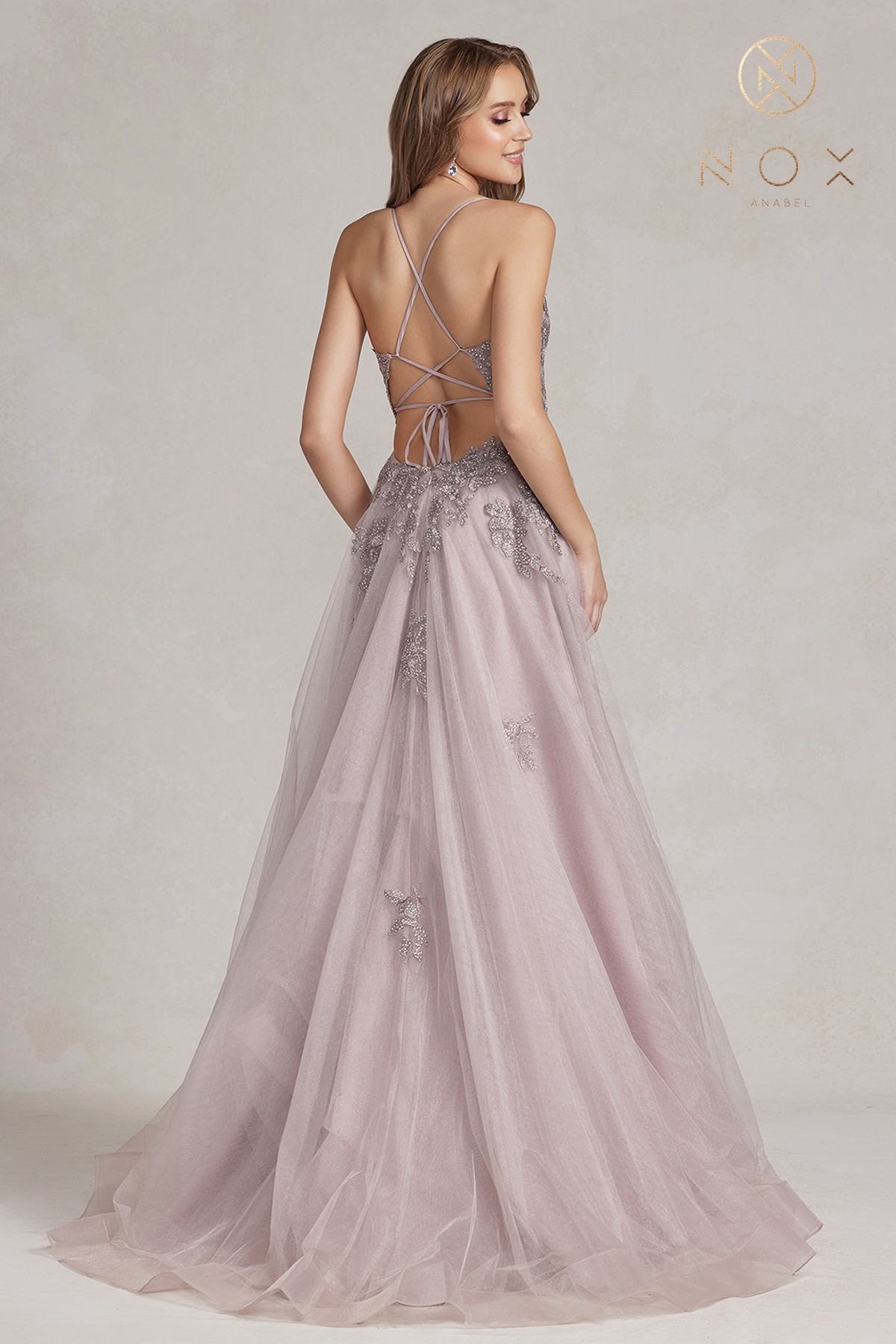 Mauve A-line tulle gown with lace appliques, crisscross open back, front slit