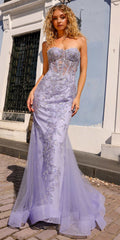 Periwinkle strapless corset lace applique mermaid gown with sweetheart neckline