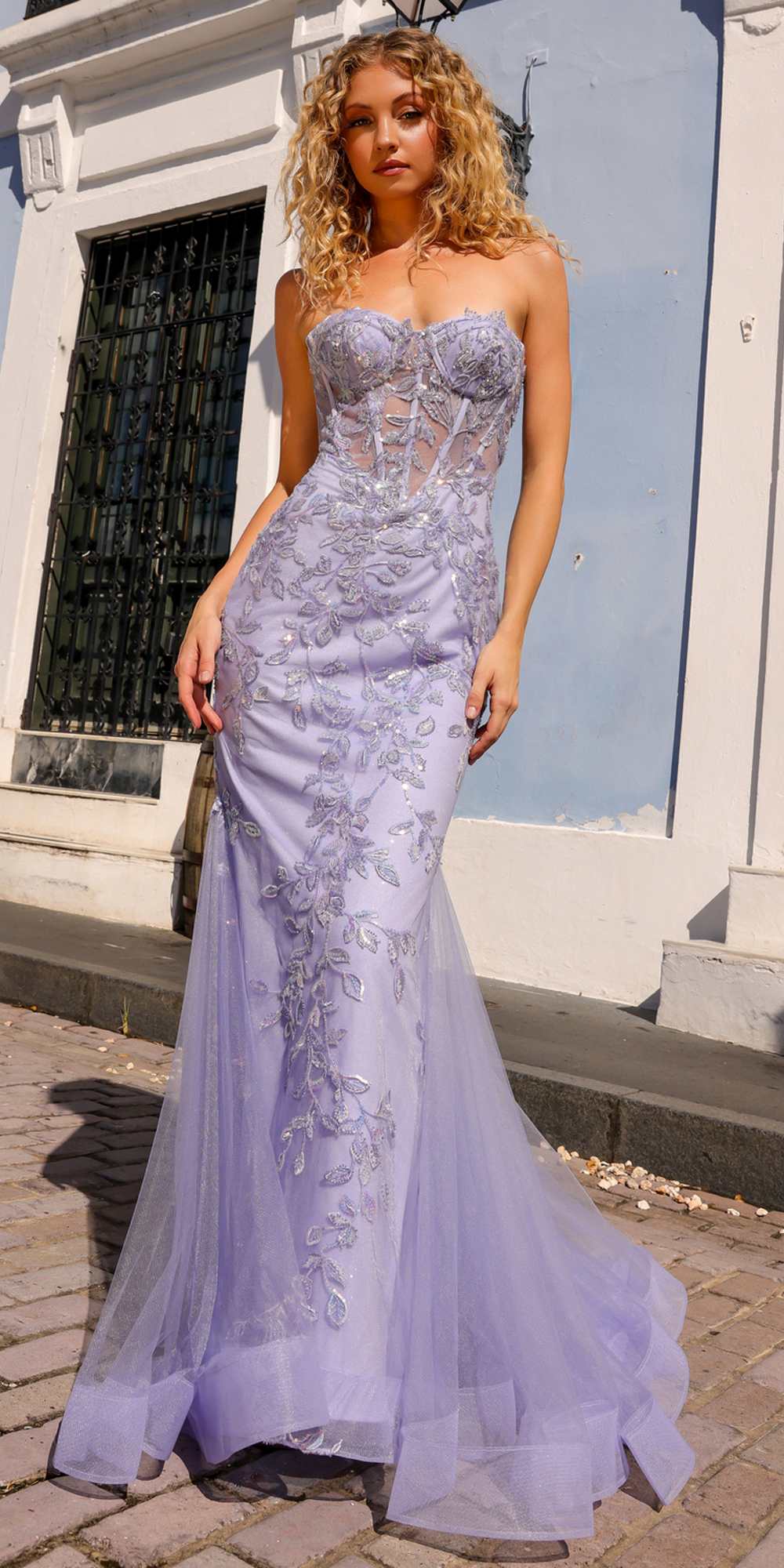 Periwinkle strapless corset lace applique mermaid gown with sweetheart neckline