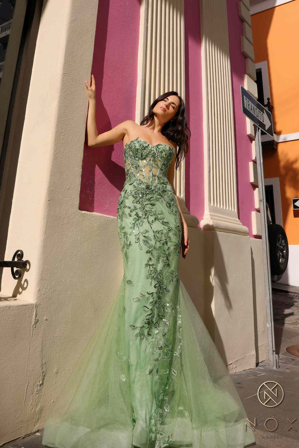 Sage green strapless corset lace applique mermaid gown with flared tulle hem