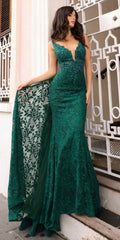 Forest green embroidered mermaid gown with deep V-neck, sleeveless lace bodice