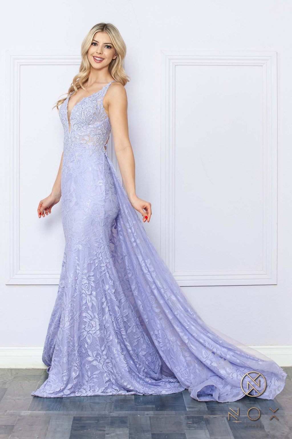 Light lavender embroidered mermaid gown with V-neck, sleeveless lace and long flared hem