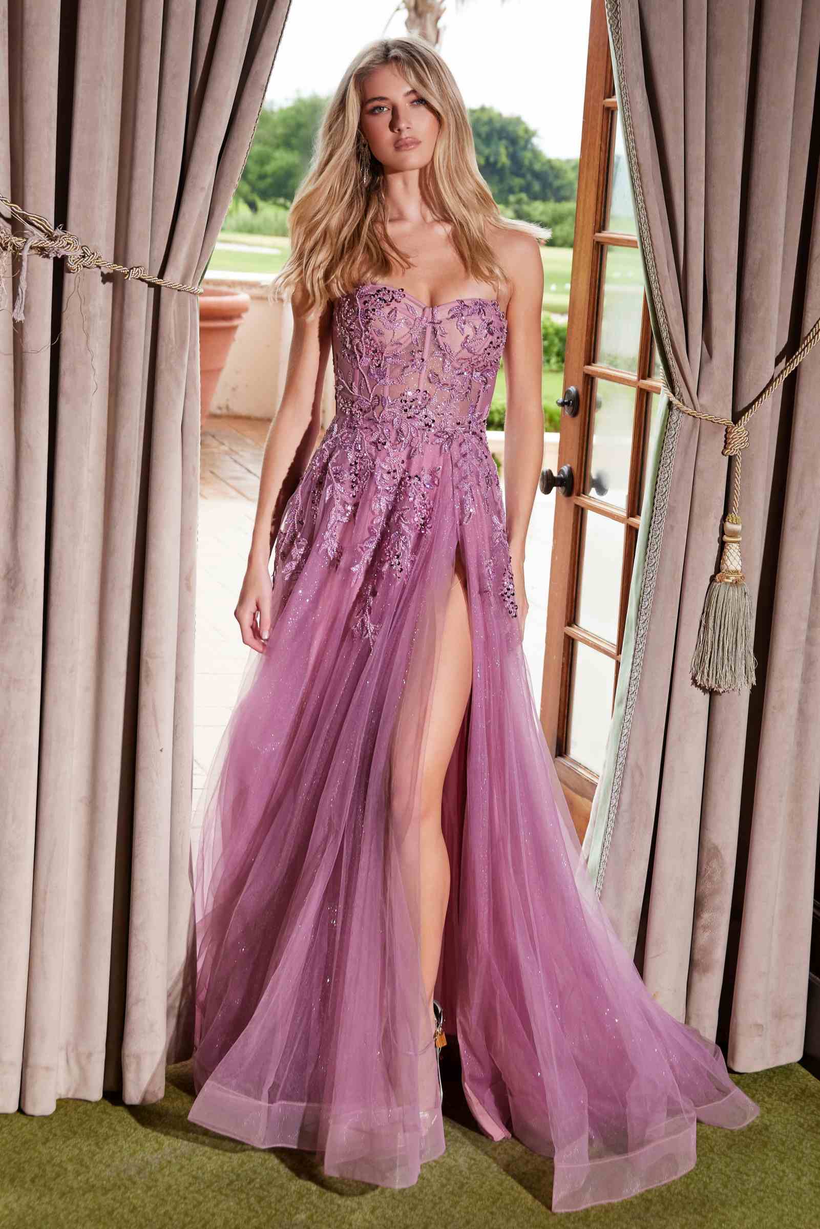 Purple sequin-embroidered tulle A-line dress with sweetheart neckline and high front slit