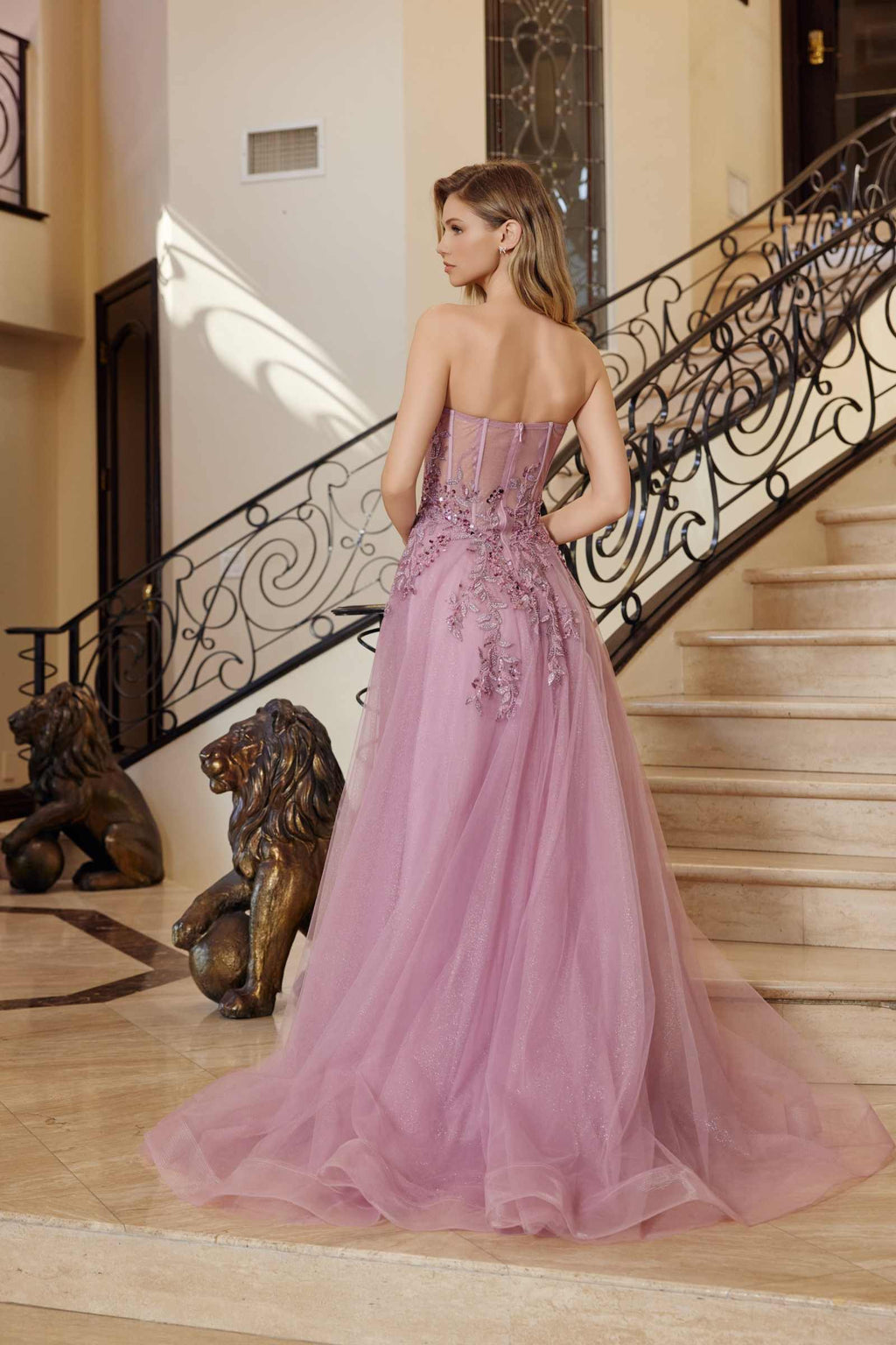 Dark rose long A-line tulle dress with sequin applique, open back and side slit