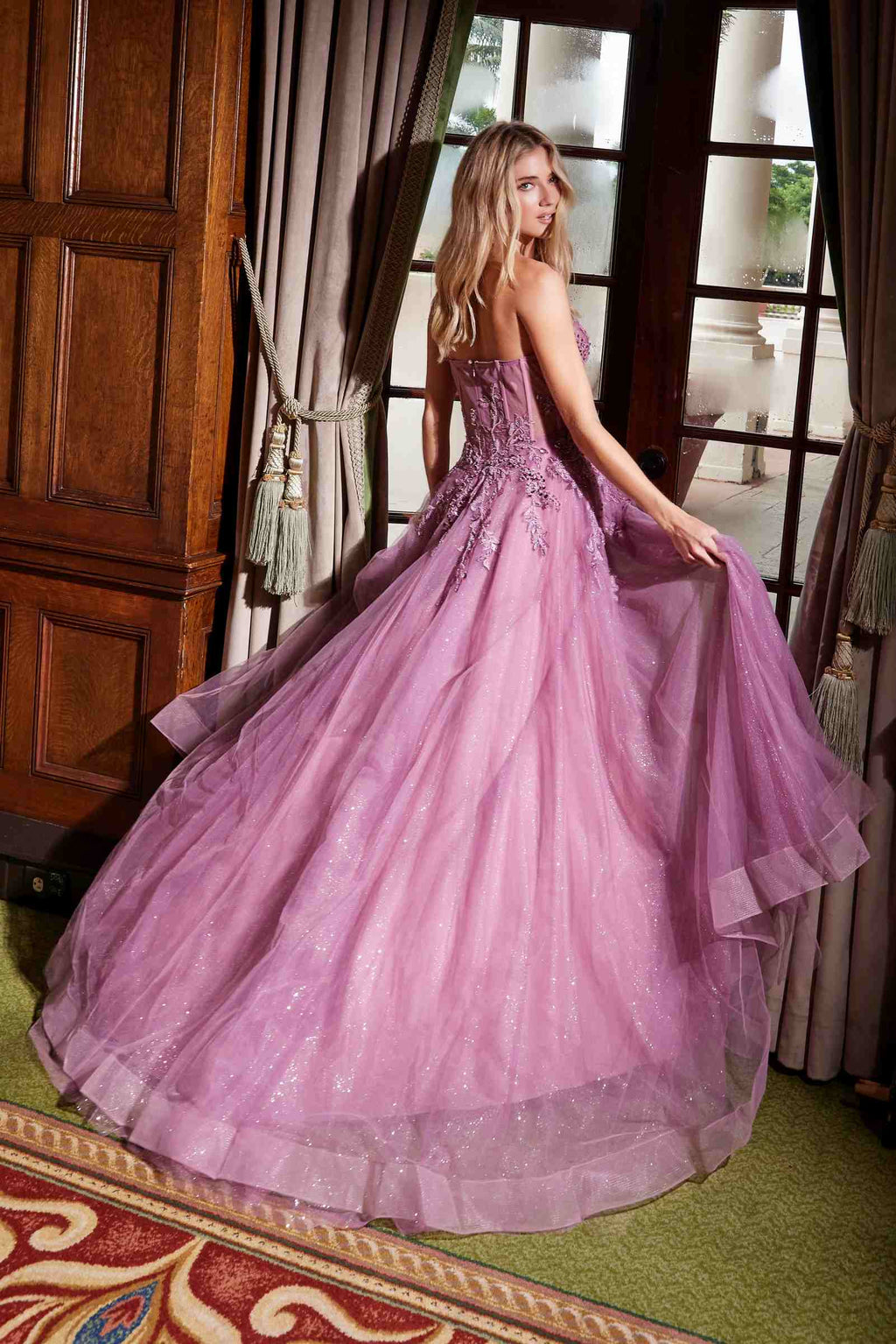 Purple tulle long A-line dress with sweetheart top and sparkly sequin applique; flared skirt