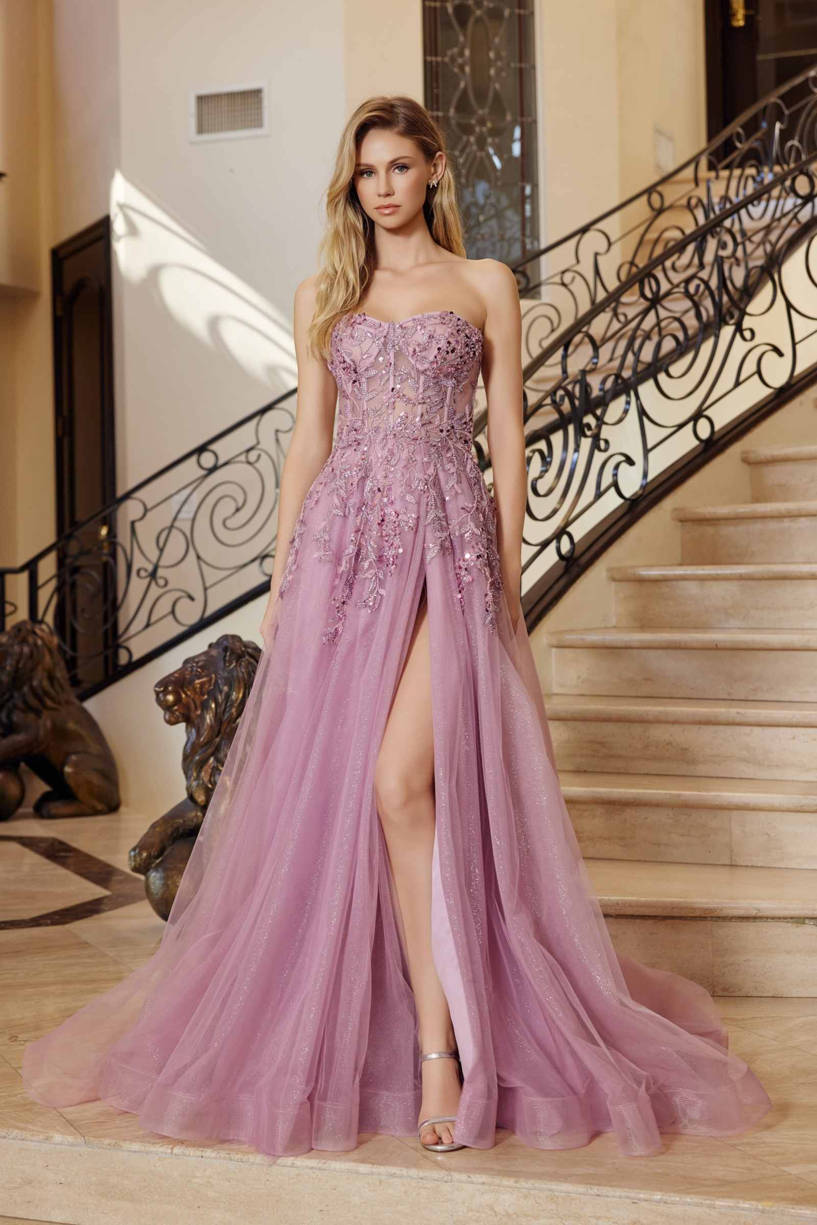 Dark rose long A-line tulle dress with sweetheart neckline and sequin applique bodice
