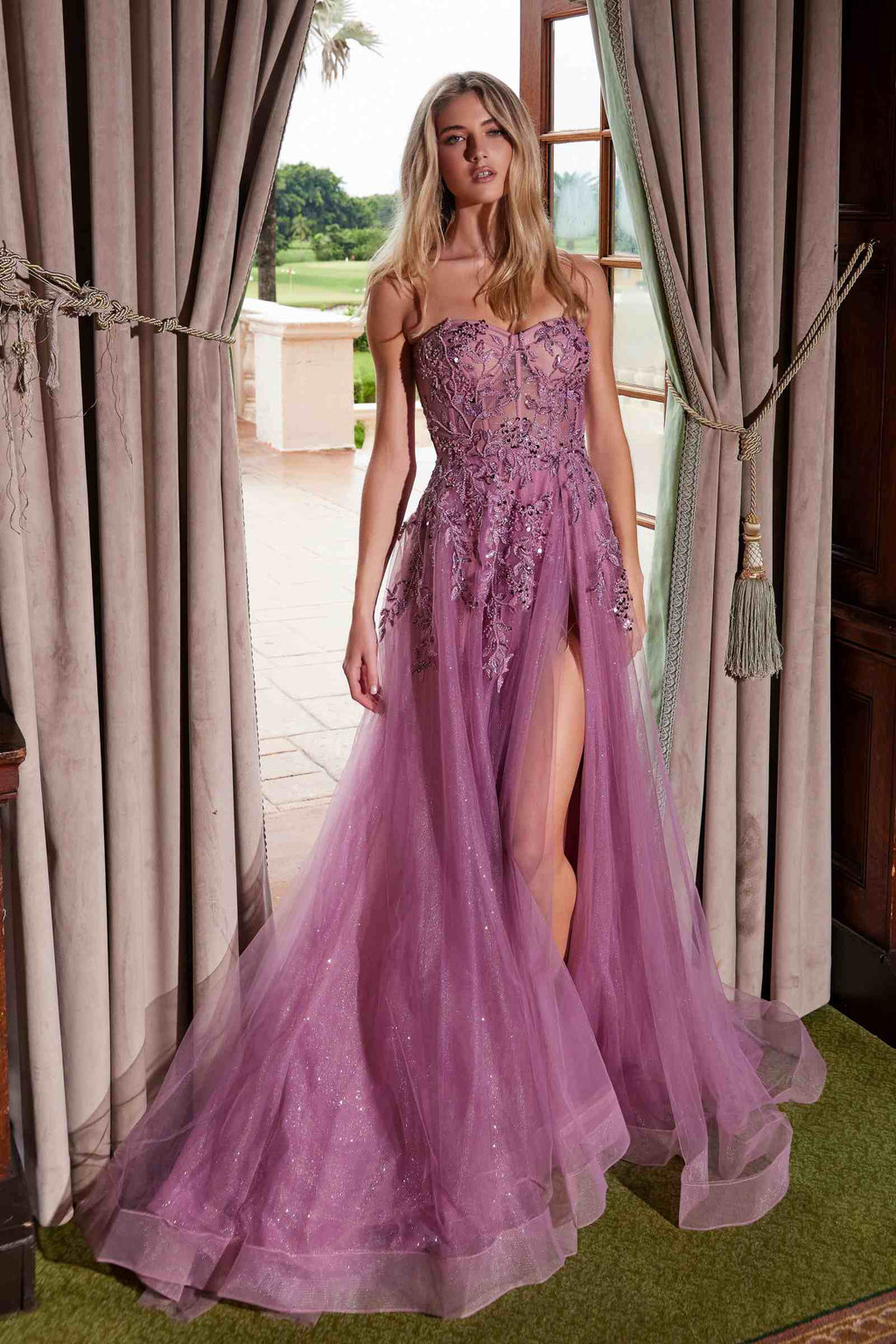 Dark rose long A-line tulle dress with sweetheart neckline and sequin applique