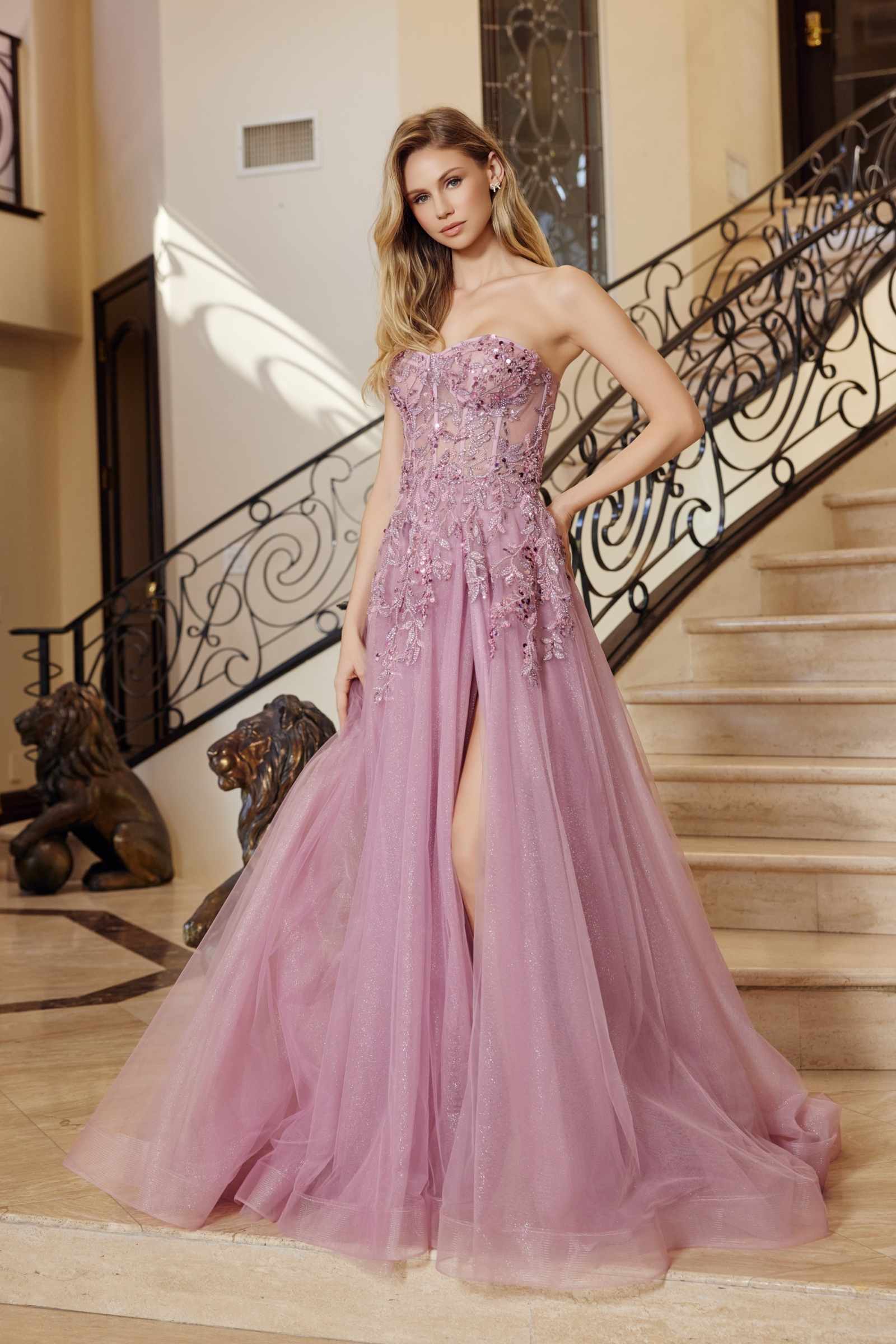 Dark rose sweetheart A-line tulle dress with sequin applique and side slit