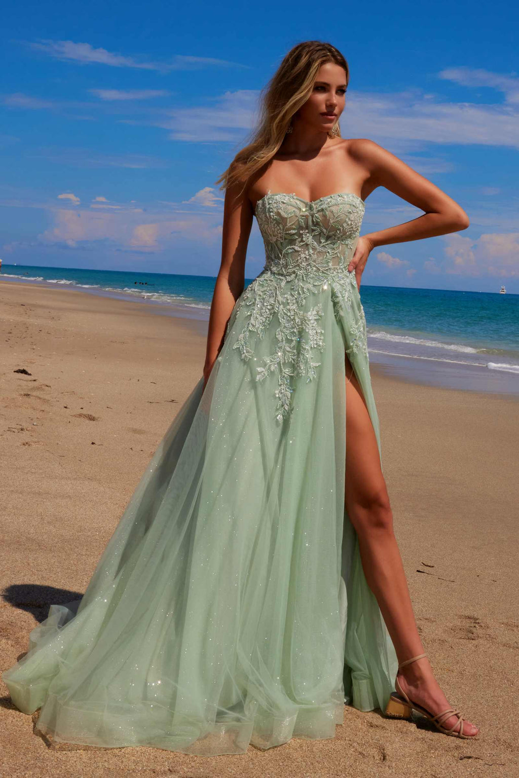 Sage green long A-line tulle dress with sweetheart neckline and sequin applique bodice