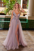 Mauve A-line evening dress with V-neck, sequined bodice, sheer tulle skirt and slit