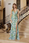 Powder blue beaded deep V-neck gown with floral pattern and fringed waistline, sleeveless