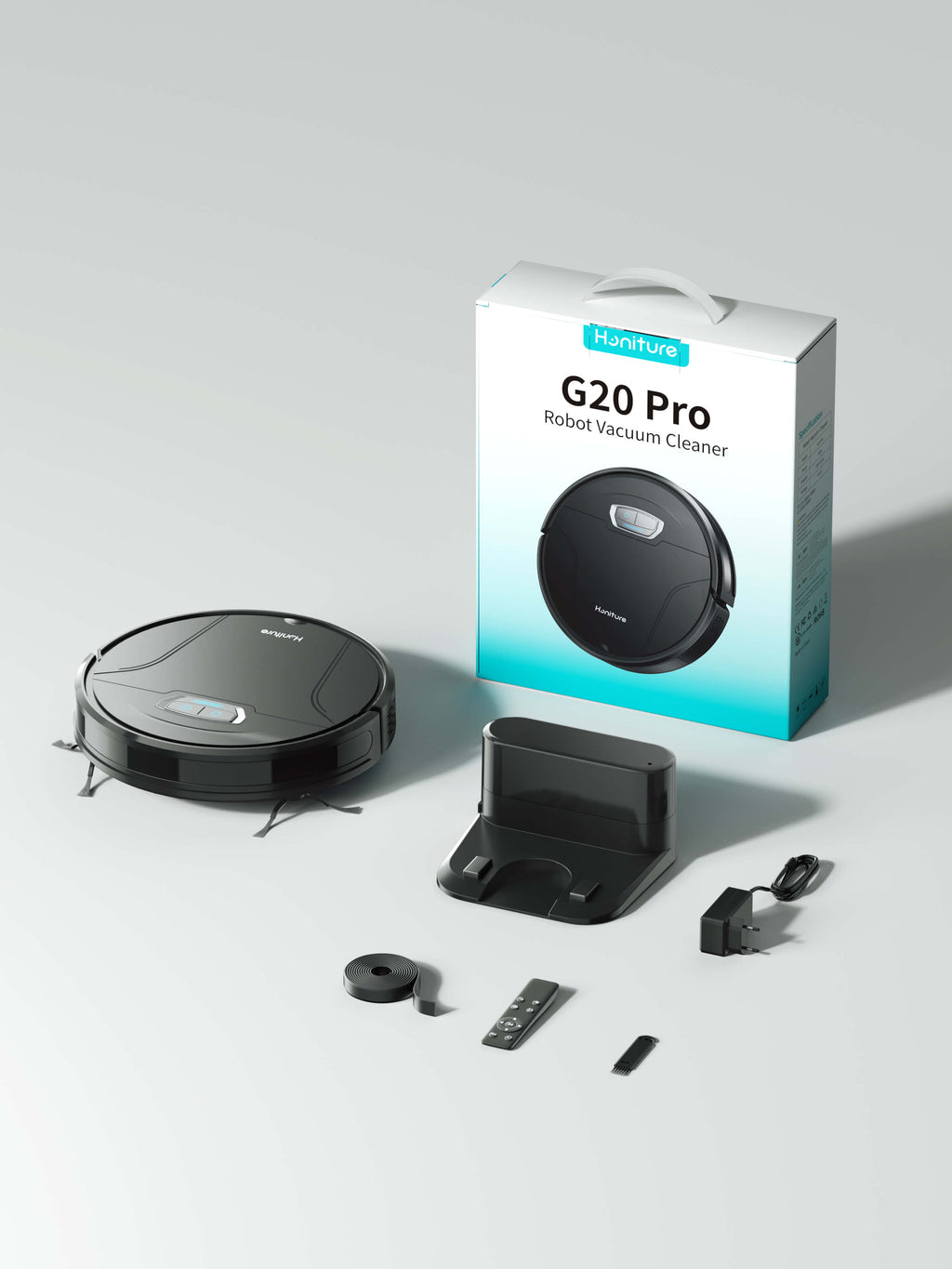 Honiture G20 Pro robot vacuum package with charging dock, remote, and parts