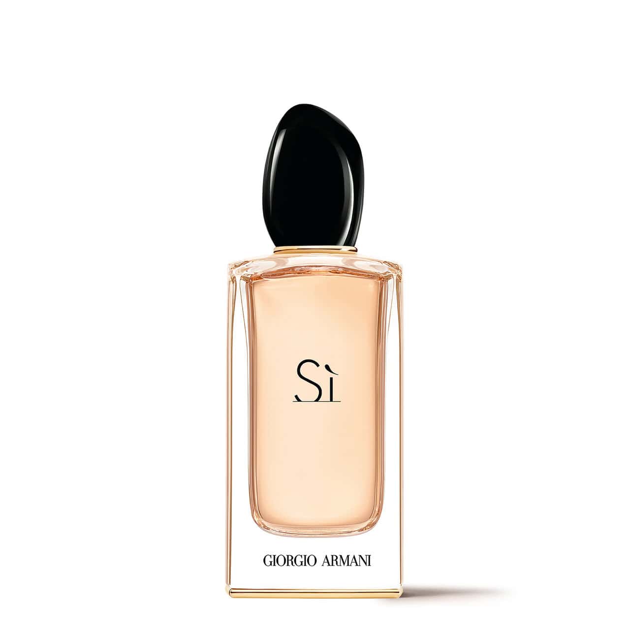 Giorgio Armani Si eau de parfum bottle, clear amber glass with black cap and gold frame