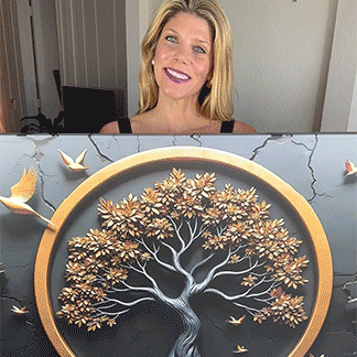 3D Celtic Tree of Life wall art close-up: oval gold-framed tree with birds on dark cracked surface
