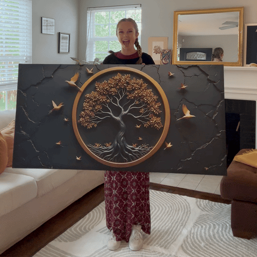 Wall art featuring Celtic Tree of Life with golden leaves, birds, and dark cracked design