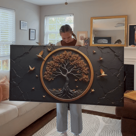 3D Tree of Life wall art with gold tree, birds, and dark cracked stone texture