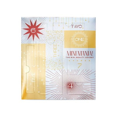 Bath and body gift set box with gold and white design, red sunburst and Mini Mania badge