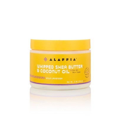 Body lotion jar with whipped shea butter and coconut oil, yellow with lavender label