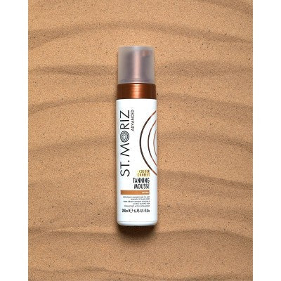 St. Moriz tanning mousse bottle, light shade, silver cap and brown pump