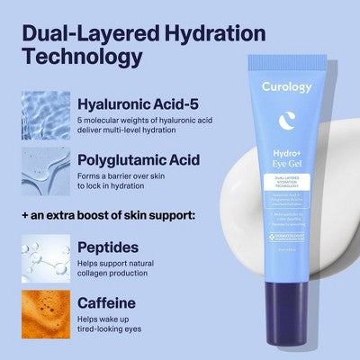 Hydro+ Gel eye cream tube in blue with Curology branding, cooling applicator tip