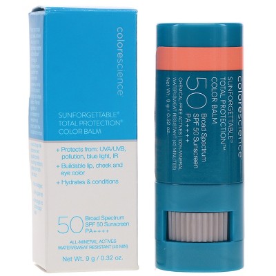 SPF 50 color balm with Blush disc; blue tube next to outer box