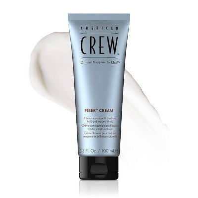 American Crew Fiber Cream styling cream tube, light blue label and black cap.