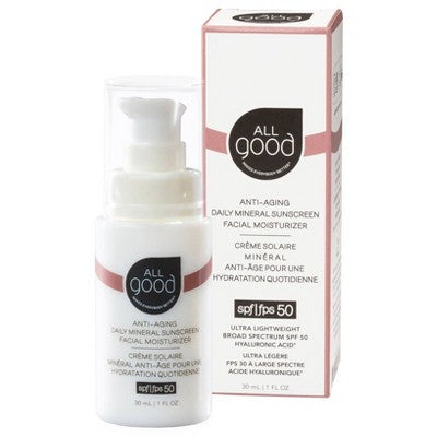 Facial moisturizer pump bottle with SPF 50 front label and matching product box
