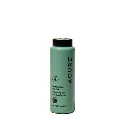 Acure dry shampoo bottle, teal-green cylinder with black screw cap