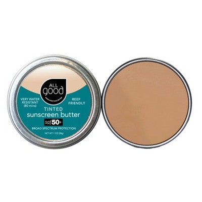 All Good tinted sunscreen butter SPF 50 in metal tin, lid open with beige product visible