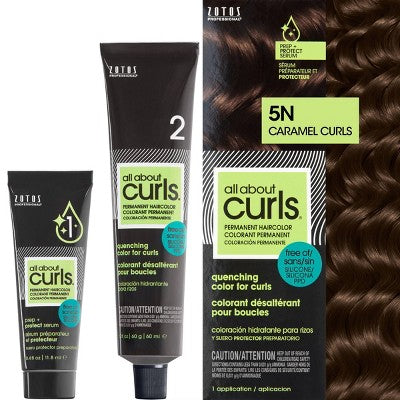 Permanent hair color tube and box, shade 5N Caramel Curls