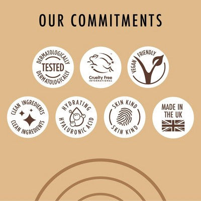 Product commitment icons: dermatologist tested, cruelty free, vegan, hydration, made in UK