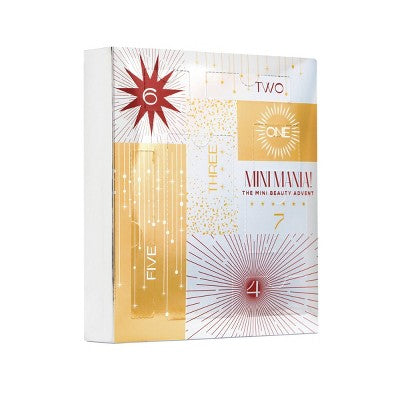 Bath and body gift set box with gold/white front, red “4” circle and Mini Mania badge