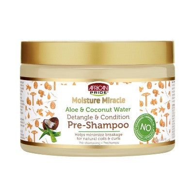 Aloe & Coconut Water detangling pre-shampoo jar with gold lid, label on front