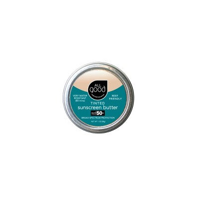 All Good tinted sunscreen butter SPF 50 in metal tin, lid closed, front label visible