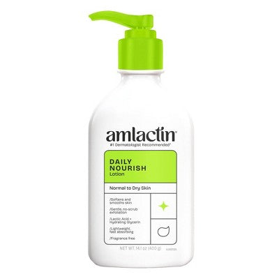Daily body lotion bottle with green pump; clear white bottle for normal to dry skin