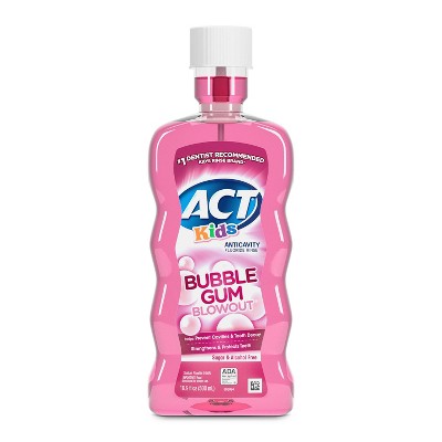 Kids bubble gum anticavity fluoride mouthwash bottle, pink with white dispensing cap