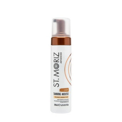 St. Moriz tanning mousse bottle, light color corrector, silver cap and brown pump
