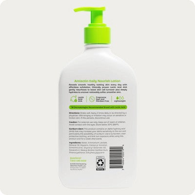Daily body lotion bottle with green pump; back view with ingredient and barcode label