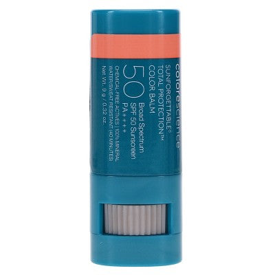 SPF 50 color balm blue tube with Blush stripe and side text panel