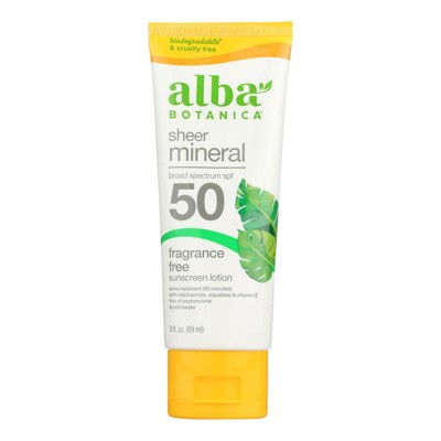 Alba Botanica sheer mineral sunscreen lotion SPF 50 tube, yellow cap