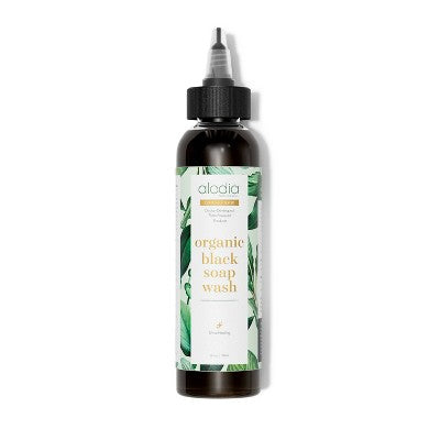 Alodia organic black soap wash bottle with white pump, green leaf label