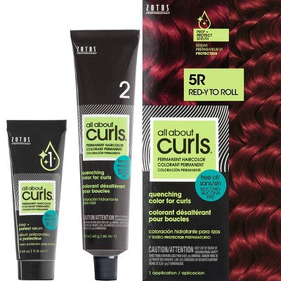 All About Curls permanent hair color tube, 5R ready-to-roll, red shade packaging