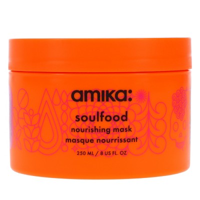 Orange hair mask jar with lid; amika soulfood nourishing mask label