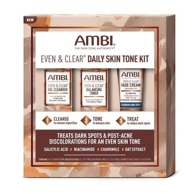 AMBI Even & Clear Daily Skin Tone Kit box with cleanser, toner, and fade cream