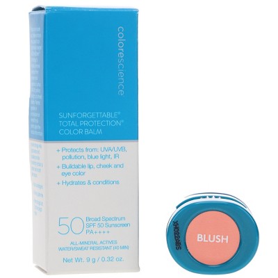 SPF 50 color balm, Blush shade; blue tube with teal cap and balm disc