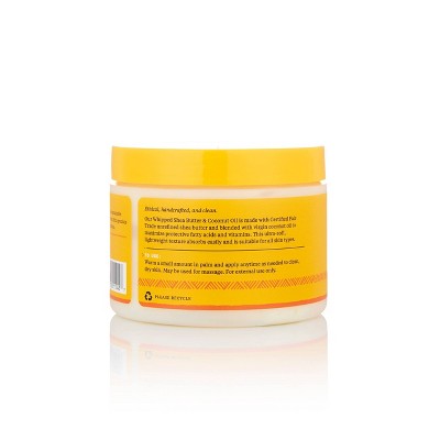 Whipped shea butter & coconut oil lotion jar back label, yellow lid